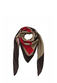 Foulard quadrato nei toni del rosso, beige e marrone; presenta un motivo geometrico e una texture liscia. I bordi sono rifiniti in modo ordinato.