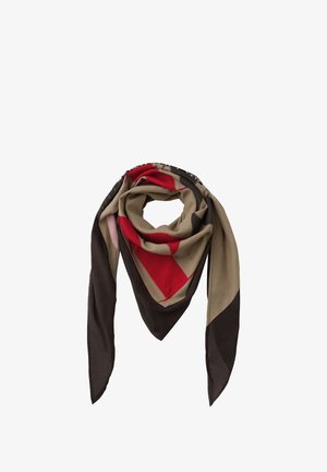 Square scarf in shades of red, beige, and brown; features a geometric pattern and a smooth texture. Edges are neatly finished.