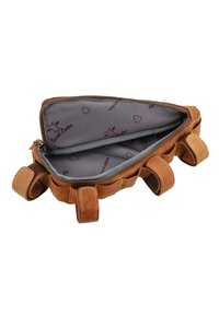 Leather bag in tan with a gray fabric interior. Features a zipper closure and three loops on the exterior for attachment or carrying.