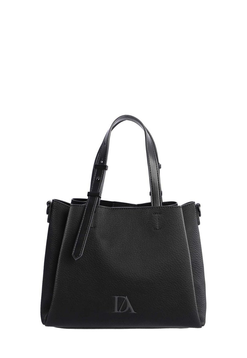 Bolso de mano de cuero negro texturizado con dos asas, correa ajustable y logotipo en relieve "DA" en el centro frontal.