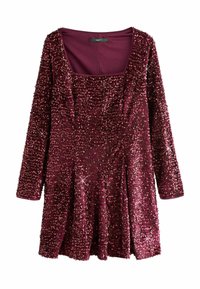 Bordeauxfarbendes langärmeliges Kleid, verziert mit Pailletten, mit quadratischem Ausschnitt und ausgestelltem Rock, aus weichem Stoff mit glänzenden Akzenten.