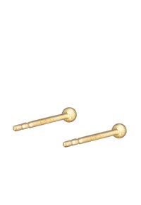 Orecchini a chiodo in tono dorato realizzati in argento 925. Presentano un design sferico liscio con un perno corto e dritto e la dicitura '925' incisa per autenticità.