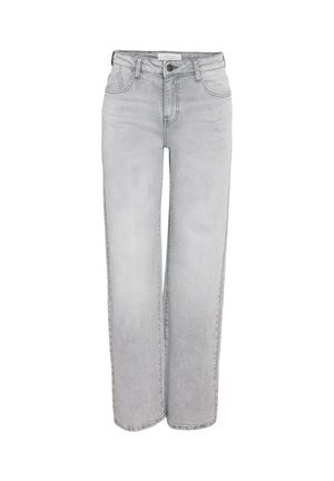 Jean gris à jambe large en denim avec taille haute, design à cinq poches et fermeture à bouton en métal. Texture lisse avec une finition délavée.