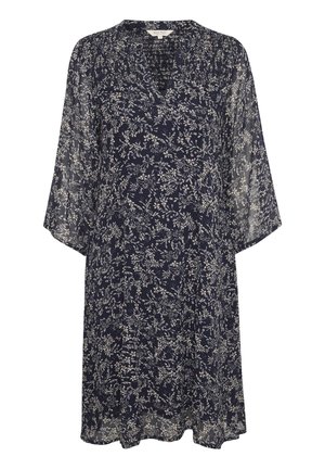 Navyblauwe jurk met een bloemmotief in roomkleur, V-hals, driekwart doorzichtige mouwen en een ontspannen pasvorm. Lichtgewicht stof.