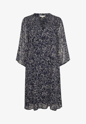 Tengerészkék, krém színű virágmintás ruha, V nyakkivágással, háromnegyedes áttetsző ujjakban és laza szabásban. Könnyű anyag.