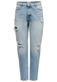 Vaaleansiniset farkut korkealla vyötäröllä, kapenevilla lahkeilla ja kuluneilla yksityiskohdilla, joissa on suuret repeämät ja rispaantuneet reunat.