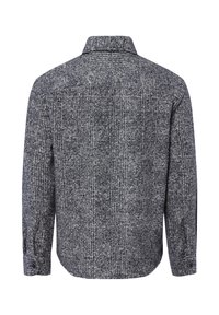 Šedá kostkovaná košile s dlouhým rukávem, límečkem, manžetami na knoflíky a texturovaným vzorem tkaniny. Rovný lem na zádech.