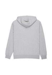Felpa grigia con cappuccio arrotondato, maniche lunghe e polsini a costine. Tessuto morbido, senza loghi o motivi visibili sul retro.