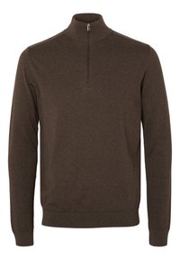 Pánský tmavě hnědý pulover s dlouhým rukávem, čtvrtzipem a límečkem, žebrované manžety a spodní lem, hladká pletenina.