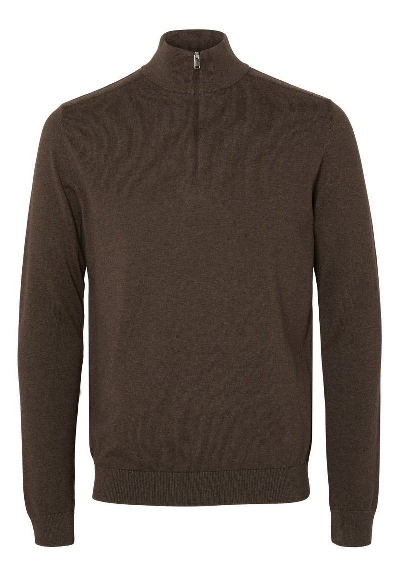 Pánský tmavě hnědý pulover s dlouhým rukávem, čtvrtzipem a límečkem, žebrované manžety a spodní lem, hladká pletenina.