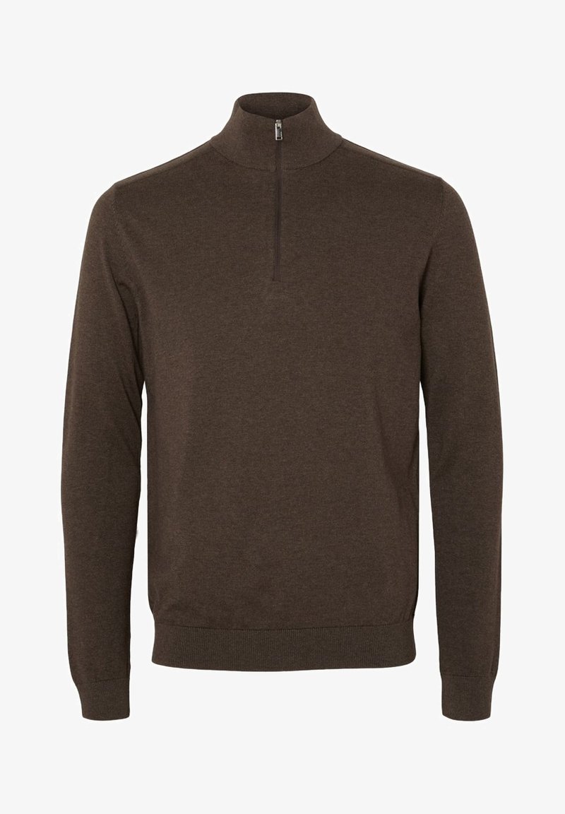Pánský tmavě hnědý pulover s dlouhým rukávem, čtvrtzipem a límečkem, žebrované manžety a spodní lem, hladká pletenina.