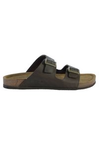 Brown leather sandal with two adjustable straps, cork footbed, and rubber sole. Features metal buckles and a textured surface.