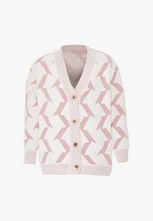 Cardigan tricotat cu decolteu în V, bază albă și modele zigzag roz alternante. Are cinci nasturi și margine ribată la guler și la tiv.