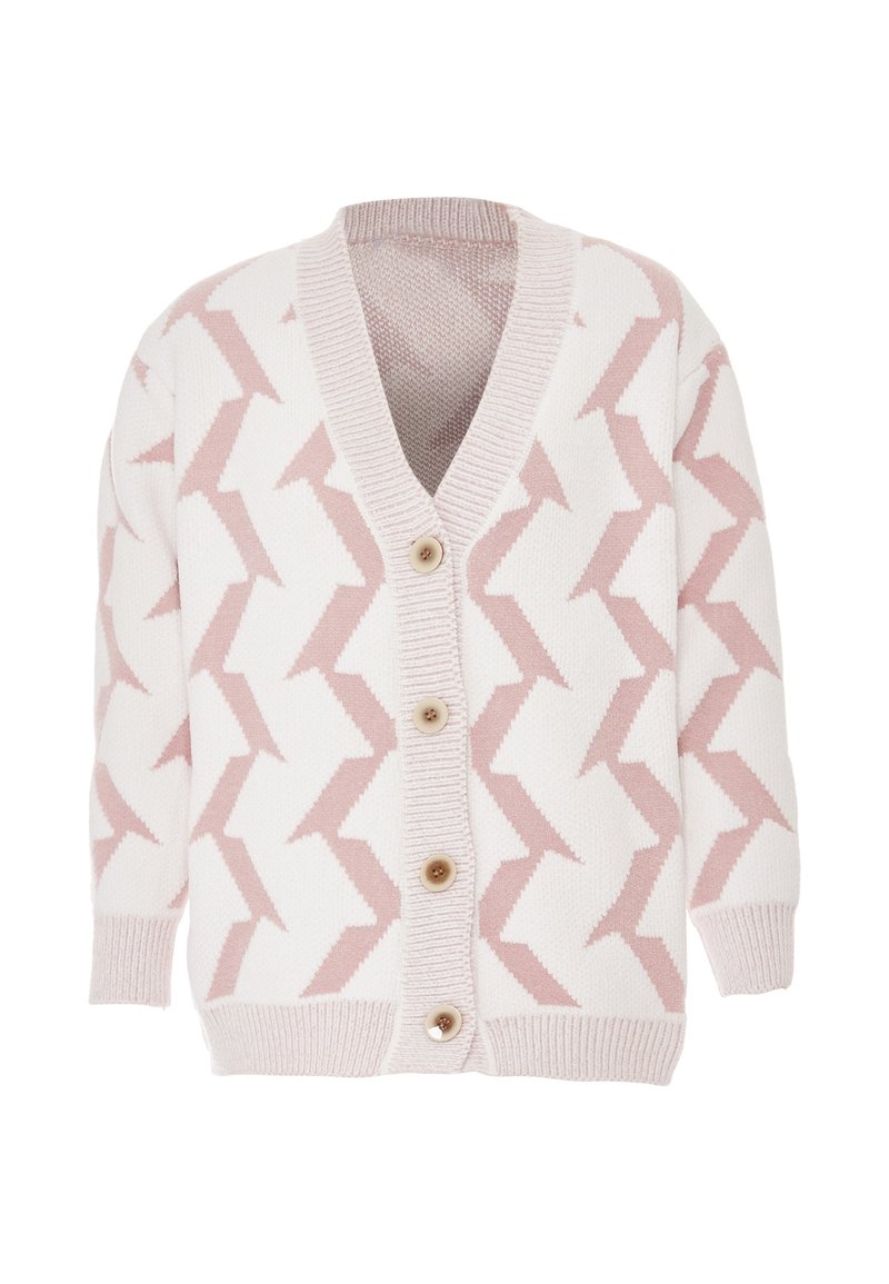 Stickad cardigan med V-hals, vit bas och växlande rosa zickzackmönster. Har fem knappar och ribbad kant vid kragen och fållen.
