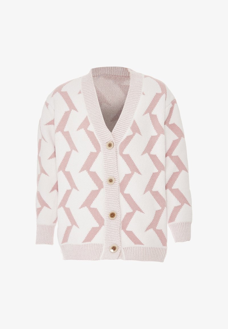 Stickad cardigan med V-hals, vit bas och växlande rosa zickzackmönster. Har fem knappar och ribbad kant vid kragen och fållen.