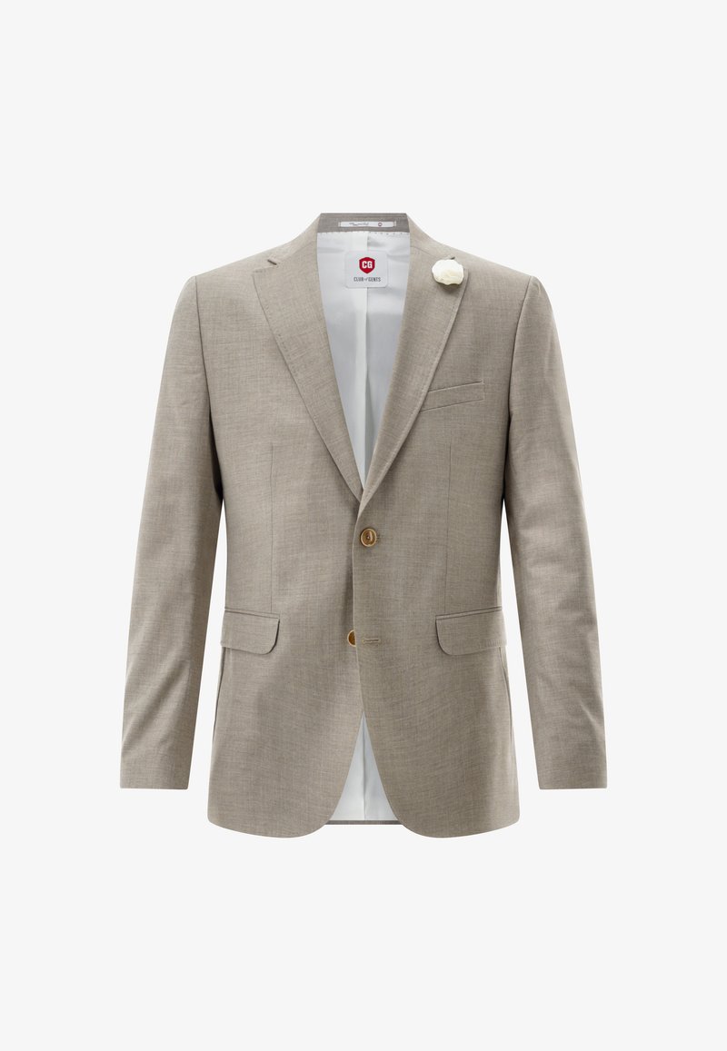 Hellbeiger Blazer mit zwei Fronttaschen, zwei Knöpfen und einem weißen Blumenanstecker. Glatte Textur und maßgeschneiderte Passform mit weißem Innenfutter.