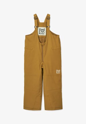 Braune wasserdichte Latzhose mit verstellbaren Trägern, Frontreißverschluss und zwei seitlichen Taschen. Mit Logo auf der Vorderseite in Weiß.