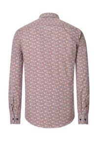 Long-sleeve collared shirt featuring a patterned design with small red, blue, and white dots on a light background. Button closure at cuffs.