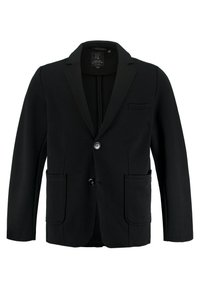 Blazer nero realizzato in tessuto elasticizzato, con rever a scanso, due tasche frontali, chiusura con un solo pulsante e vestibilità sartoriale.