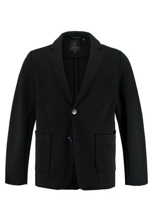 Blazer negro hecho de tela elástica, con solapa de muesca, dos bolsillos frontales, cierre de un solo botón y un ajuste entallado.
