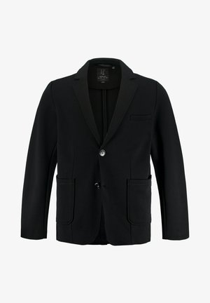 Blazer noir en tissu extensible, avec un col cranté, deux poches avant, une fermeture à un bouton et une coupe ajustée.