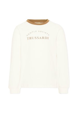 Witte trui met lange mouwen, beige kraag en tekst "Gentle Society Trussardi" gedrukt op de borst.