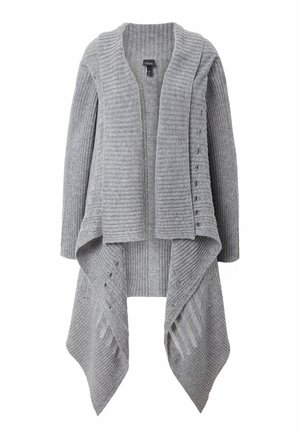 Cardigan en tricot gris avec une texture côtelée, un devant ouvert et un ourlet asymétrique. Comprend des fentes latérales décoratives pour un détail supplémentaire.