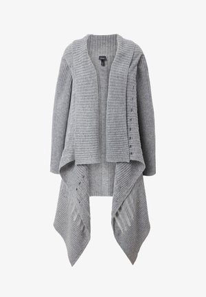 Grauer gestrickter Cardigan mit geripptem Textur, offenem Vorderteil und asymmetrischem Saum. Enthält dekorative Seitenschlitze für zusätzliche Details.