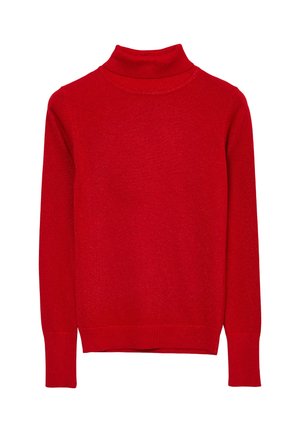 Roter Rollkragenpullover aus weichem Strickstoff. Hat lange Ärmel und einen enganliegenden Kragen. Glatte Textur mit leichtem Glanz.