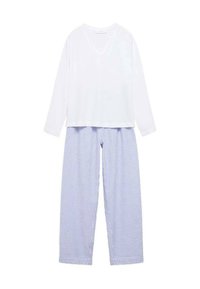 Top bianco a maniche lunghe con scollo a V e pantaloni a palazzo blu a righe. Tessuto morbido con vestibilità ampia e vita elastica sui pantaloni.