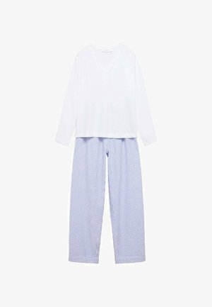White long-sleeve top with a V-neck and blue striped wide-leg pants. Soft fabric with a loose fit and elastic waistband on the pants.