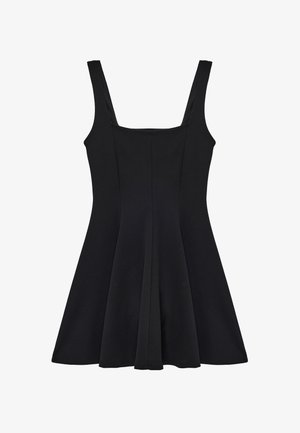 Robe noire sans manches avec larges bretelles, corsage cintré et jupe évasée, conçue pour une silhouette lisse et élégante.