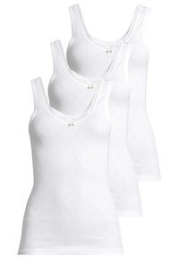 Des débardeurs en coton blanc, avec un décolleté arrondi et une délicate bordure en dentelle, ornés d'un motif à pois texturé et de petits accents floraux.