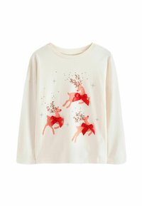 Kremowa longsleeve koszulka z grafikami trzech reniferów ozdobionymi czerwonymi kokardkami i błyszczącymi akcentami, umieszczona na prostym tle.