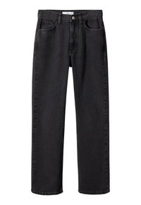 Jeans de mezclilla negra con un corte recto, cinco bolsillos, cierre de botón metálico y costuras decorativas a lo largo de las costuras.
