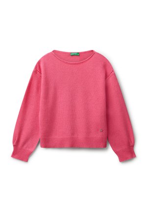 Maglione rosa a maglia con collo rotondo, polsini e orlo a costine. Presenta un sottile dettaglio vicino al fondo. Texture morbida e vestibilità comoda.