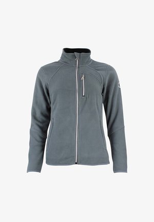 Fleecejack met hoge kraag in grijs, voorzien van een ritssluiting over de volledige lengte en een borstzak met ritssluiting. Heeft contrasterende stiksels en een gestructureerde stof.