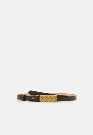 Dark brown leather belt with a slim, rectangular gold buckle featuring a repeating geometric pattern and a small round gold logo stud.