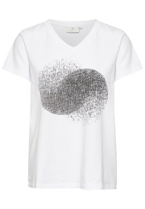 Witte katoenen T-shirt met een zwart grafisch ontwerp van elkaar overlappende textuurcircles, met korte mouwen en een V-hals.