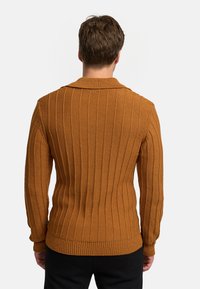Brauner Rippstrickpullover mit einem Schalkragen, aus strukturiertem Stoff und mit taillierter Passform, von hinten gesehen, kombiniert mit schwarzen Hosen.