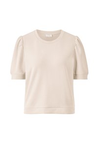 T-shirt court beige clair à manches courtes avec un col rond et des manches bouffantes, fabriqué à partir d'un tissu doux. Présente un design épuré et minimaliste.