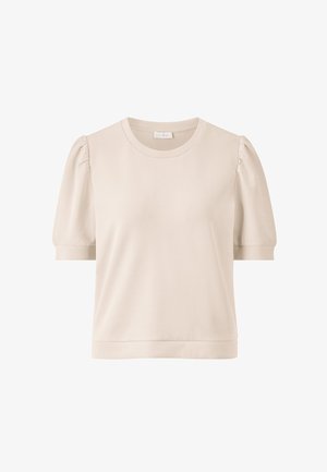 Light beige short-sleeve t-shirt with a round neckline and puffed sleeves, made from soft fabric. Features a clean, minimalist design.