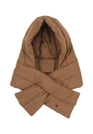 Brown hooded outerwear with a quilted design, featuring an overlapping front. Made from soft, textured material with a relaxed fit.