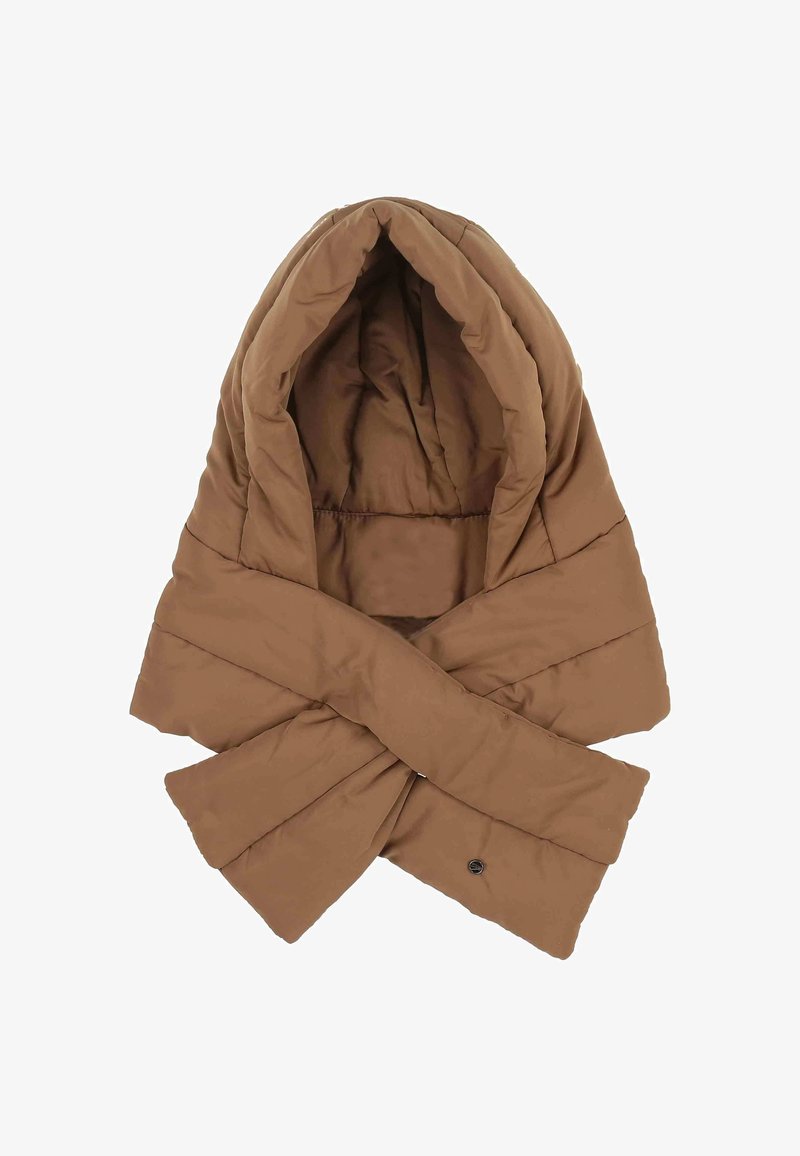 Outerwear marrone con cappuccio, caratterizzato da un design trapuntato e una parte anteriore sovrapposta. Realizzato in materiale morbido e testurizzato, con una vestibilità rilassata.