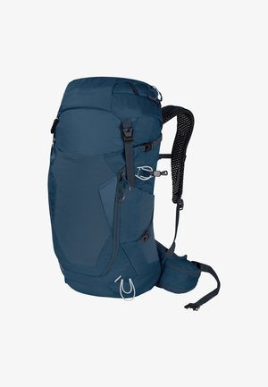 Blauer Wanderrucksack mit mehreren Fächern, verstellbaren Trägern und mesh Polsterung auf der Rückseite. Verfügt über Haken und Reißverschlüsse für sicheren Stauraum.