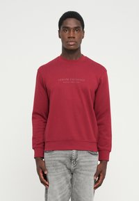 Raudona megztinė su apvaliu kaklu ir raukšlėtomis rankovėmis, ant krūtinės turi pilkai spausdintą logotipą „Armani Exchange“. Derinama su pilkomis džinsomis.