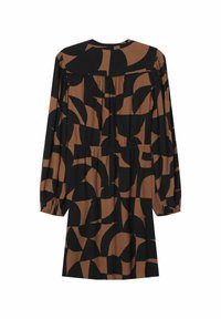 Robe à manches longues avec un motif abstrait noir et marron, détail froncé à la taille et col rond. Fabriquée en tissu léger.