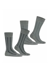 Graue Socken mit einem gerippten Design und abwechselnd einfarbigen sowie gestreiften Mustern. Hergestellt aus einem weichen Stoff, der angenehm zu tragen ist.