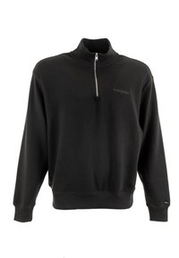 Felpa nera con zip, caratterizzata da un design testurizzato, colletto alto, polsini e orlo a coste. Presenta un dettaglio con logo sul petto e una zip silver.