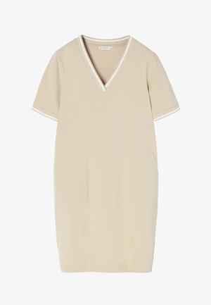 Bež obleka s kratkimi rokavi in V-izrezom, bela obroba na izrezu in rokavih, dva sprednja žepa ter gladek, lahek material.